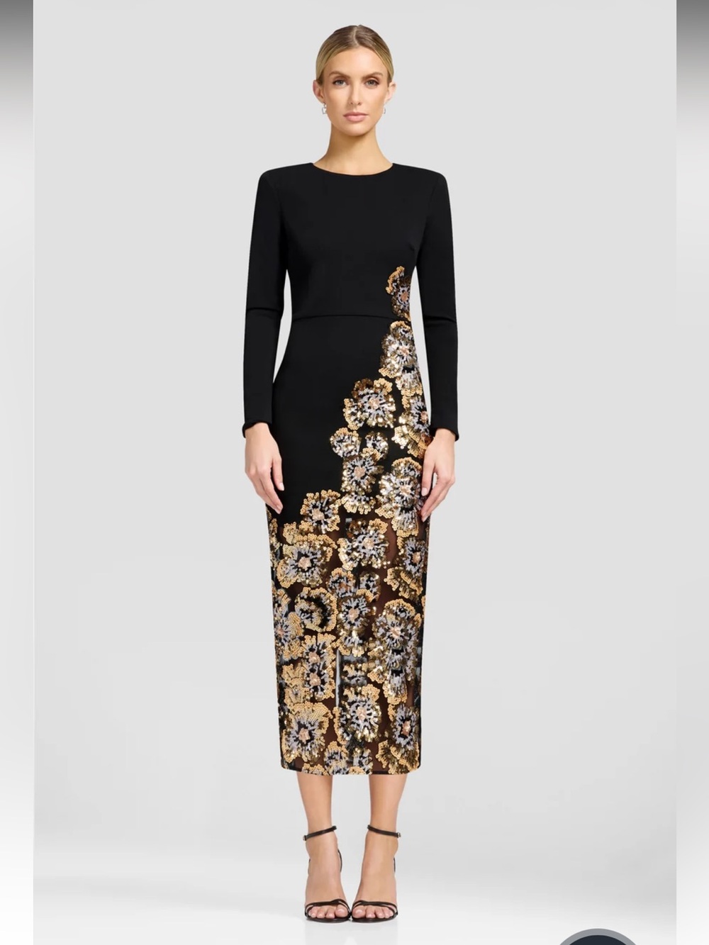 NWT Dress The Population Mara Sequin Appliqué Stretch Crepe Midi Dress XS